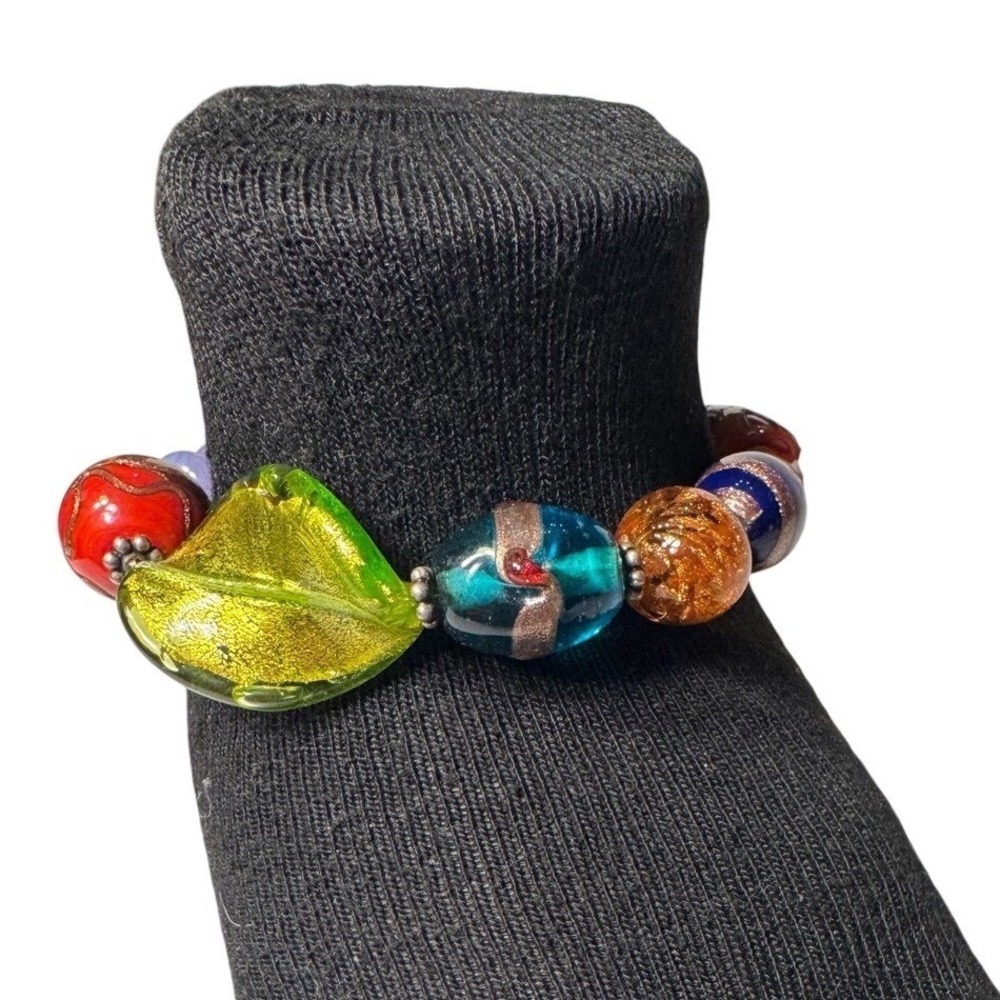 Artisan Lampwork Glass Bead Bracelet Multi Color Murano Style Leaf Toggle 7.75"